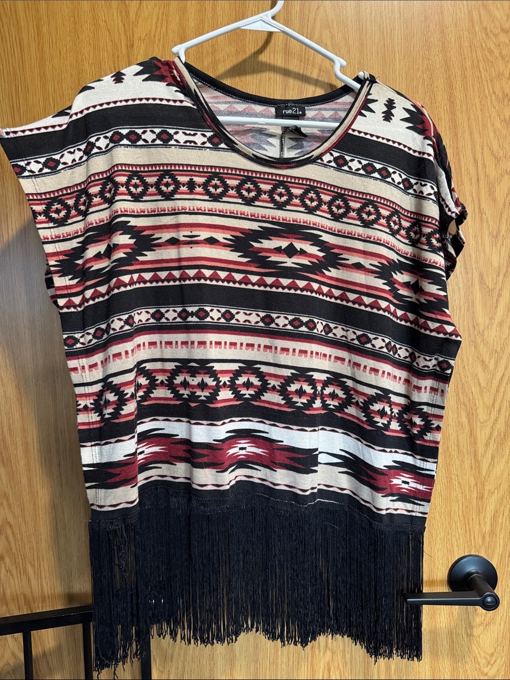 Rue21 Women's Black and Burgundy Aztec Fringe Top